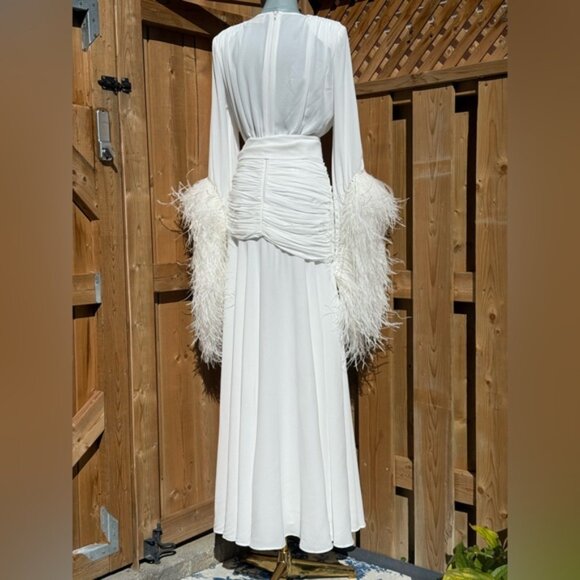 🆕 BRONX & BANCO 🧿 NWOT Geisha Blanc Feather-Trim Maxi Dress, White - Sz S US 4 - Picture 8 of 14